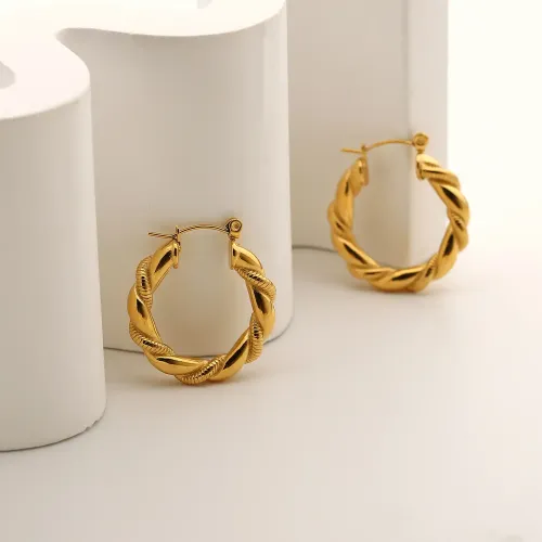 JDET378 18K gold-plated stainless steel bread pattern double-strand twist hoop earrings for women