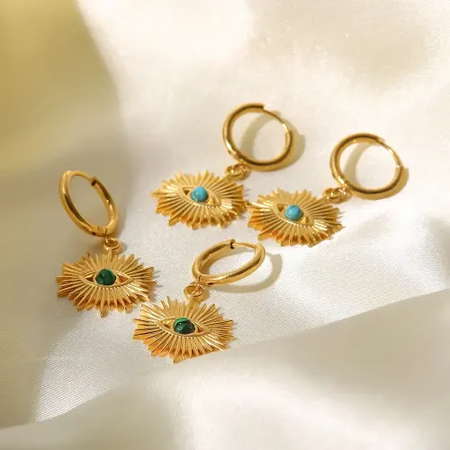 JDET249 18K Gold Plated Stainless Steel Green Peacock Turquoise Hollow Devil Eye Earrings