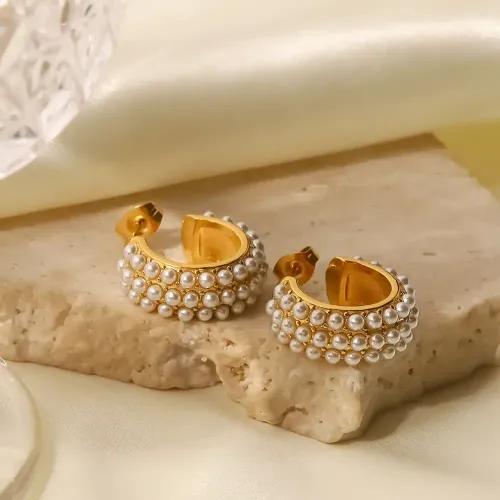 JDET856 Titanium Steel 18K Gold Plated Stainless Steel C Shape Set White Pearl Earrings for Women