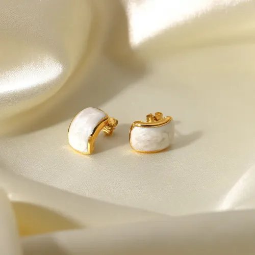 JDET920 Women's Geometric 14K Gold White Oil Drop Curved Rectangular Stud Earrings Stainless Steel C Shape Earrings