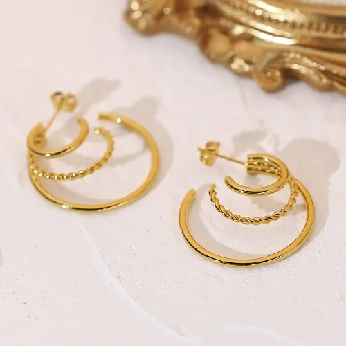 JDET372 18K gold-plated stainless steel earrings 18k gold three-layer circle Qiaomei big earrings jewelry