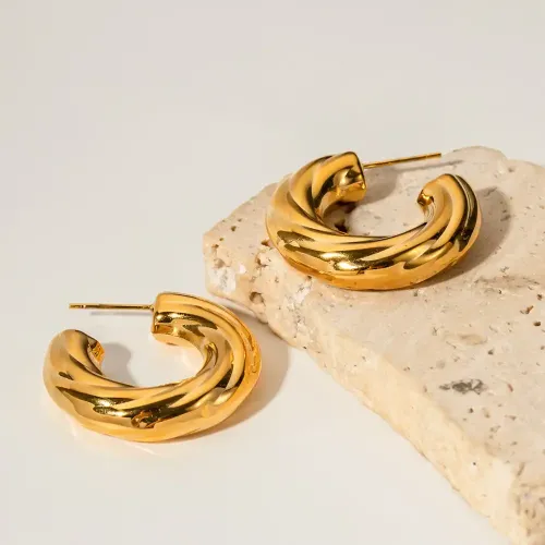 JDET527 Geometric Titanium Steel 18K Gold Plated Stainless Steel Beveled Rib C Shape Earrings For Women