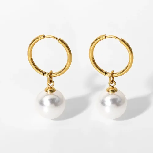 JDET375 Bright Shell Pearl Drop Earrings 18K Gold Stainless Steel Hoop Hug Earrings