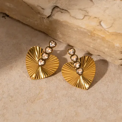 JDET824 18k Gold Stainless Steel Inlaid White Zirconium Heart Shape Ladies Earrings