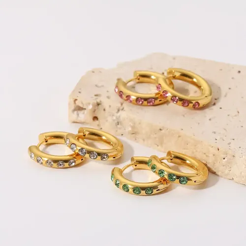 JDET975 Women's 18K Gold Plated Stainless Steel White/Green/Pink Zircon Earrings
