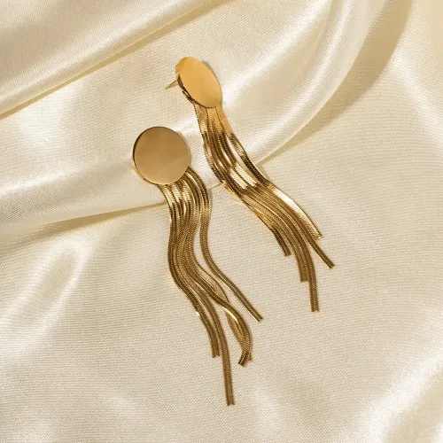JDET688 16K gold stainless steel round long tassel stud earrings for women