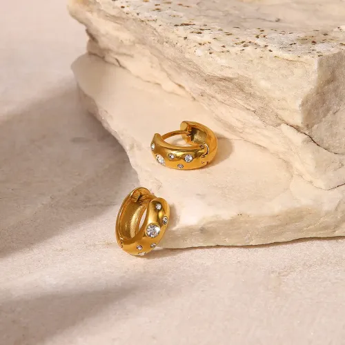 JDET287 White Cubic Zirconia Stainless Steel Hoop 18K Gold Earrings Jewelry