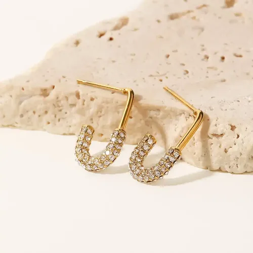 JDET213 18k Gold Plated Stainless Steel U Shape White Cubic Zirconia Earrings