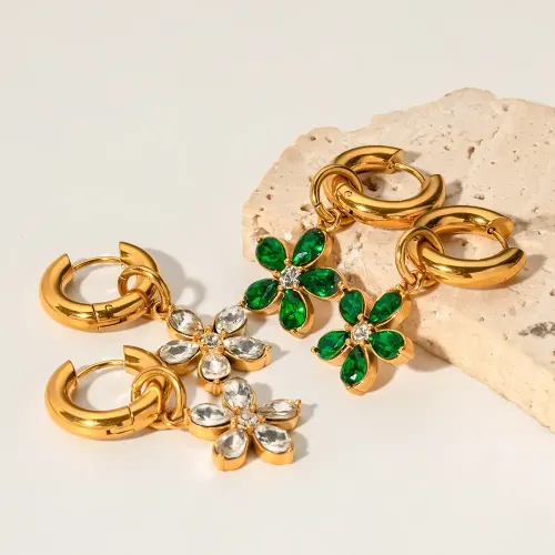 JDET601 18K Gold Inlaid Zirconium Stainless Steel Shiny Flower Pendant Detachable Earrings Wholesale