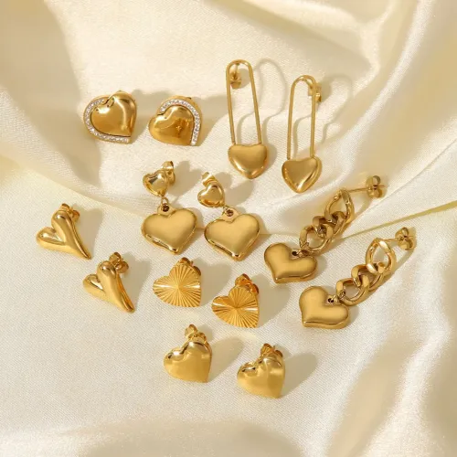 JDET483 Love 14K Gold Heart Shape Pendant Earrings Stainless Steel Earrings Women's Jewelry