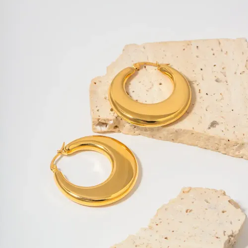 JDET614 18K Gold Stainless Steel Thick Flat Hollow Round Earrings Women Wholesale