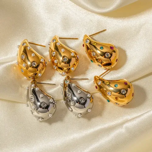 JDET909 18K gold fat water drop titanium steel inlaid zircon geometric earrings
