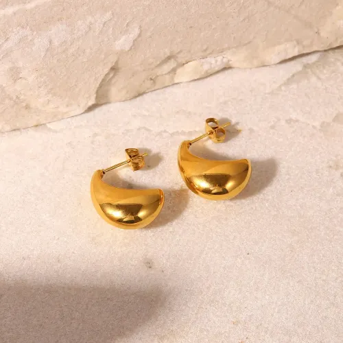 JDET675 18KPVD Gold Plated C Hoop Earrings Geometric Stainless Steel Smooth Chunky Hollow Earrings
