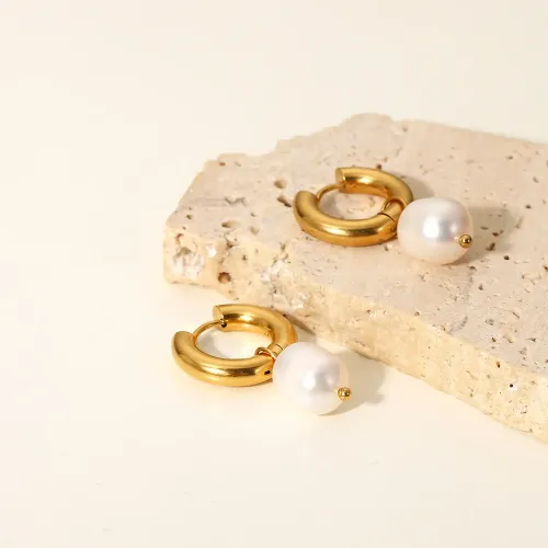 JDET303 18K gold stainless steel natural freshwater pearl drop earrings