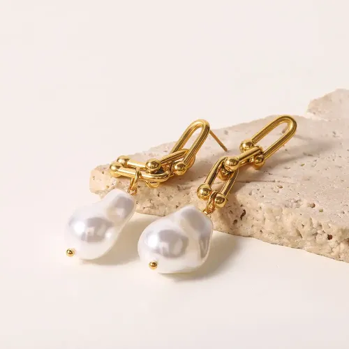 JDET409 18k gold-plated stainless steel special-shaped imitation pearl pendant hypoallergenic chain earrings