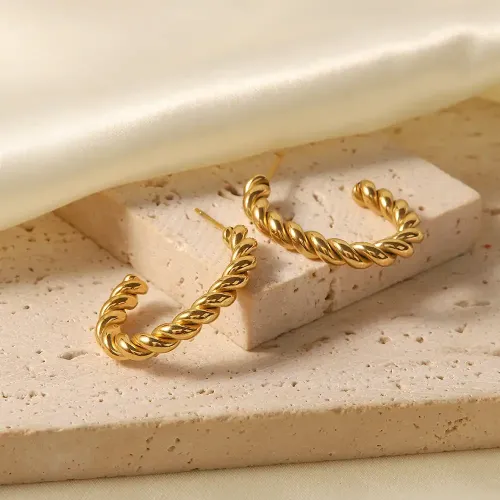 JDET977 18K Gold Twist Geometric C Shape Earrings Stainless Steel Jewelry Female Earrings