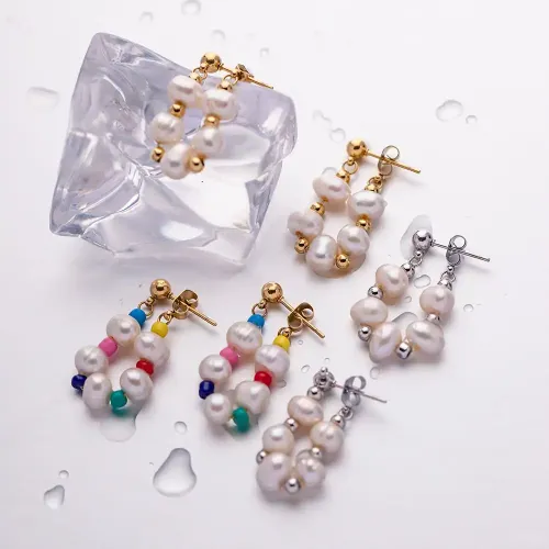 JDET727 Titanium Steel 16K Gold Stainless Steel Inlaid Pearl Jewelry Millet Beads Interlaced Earrings