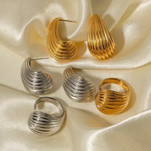JDET768 18K Gold Chubby Striped Droplet Titanium Steel Women's Earrings