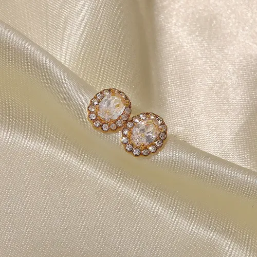 JDET243 Gold Double Layer White Zircon Oval Earrings Wholesale