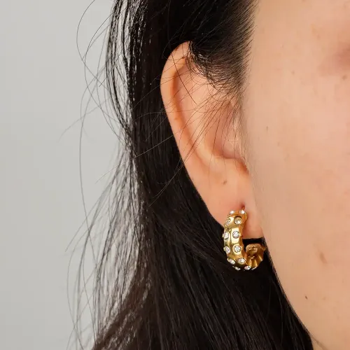 JDET598 16K gold-plated stainless steel inlaid zircon C-shaped stud earrings polished women's jewelry wholesale