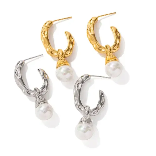 JDET499 18k Stainless Steel Hammer Pattern Earrings Pearls