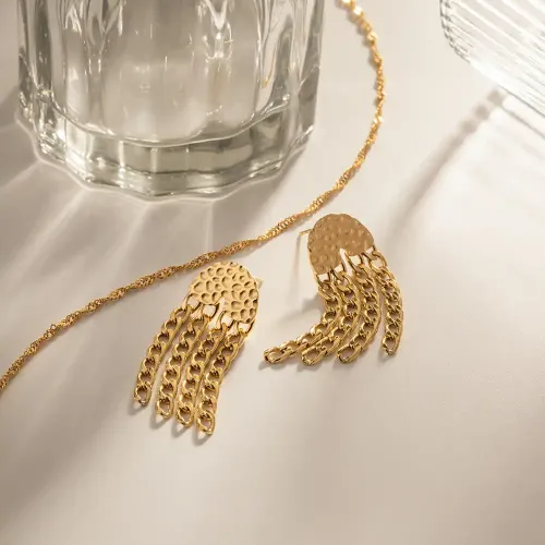 JDET424 Stainless Steel Textured Chain Tassel Earrings