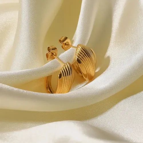 JDET264 18K gold-plated stainless steel oval vertical rib earrings