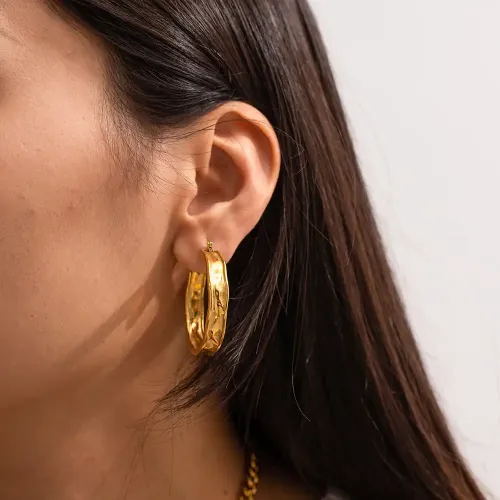 JDET419 Gold Debossed Textured Hammer Large Hoop Stainless Steel Earrings