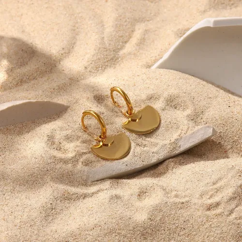 JDET295 18K gold glossy fan-shaped semicircle pendant stainless steel earrings