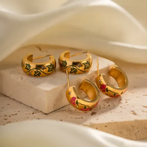 JDET465 18k gold-plated stainless steel small green leaf stud earrings do not fade niche design