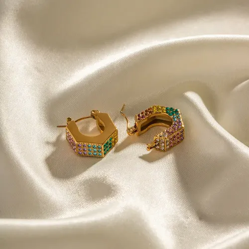 JDET431 18K Gold Geometric Inlaid White Diamond Feel Titanium Steel Hollow Earrings