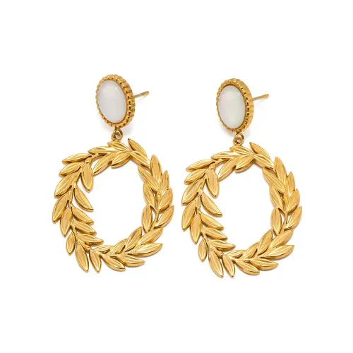 JDET467 Vintage Titanium Steel Women's 18k Gold Plated White opal Olive Branch Earrings Jewelry