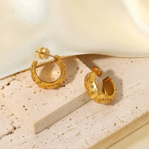 JDET336 18K gold-plated stainless steel embossed moon sun cubic zirconia earrings jewelry