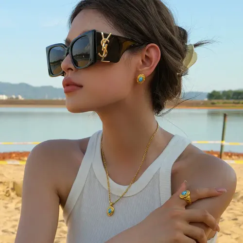 JDET817 18K gold stainless steel turquoise hammered wide surface inlaid sea pattern turquoise stud earrings