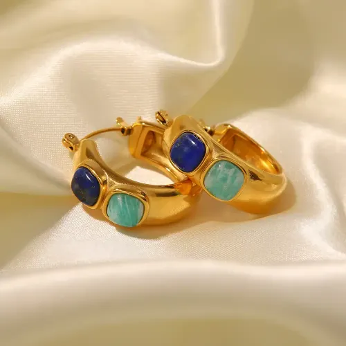 JDET659 18K Gold Plated Square Stone Inlaid Hoop Stainless Steel Earrings