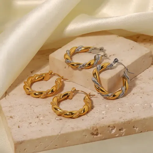 JDET652 18k gold-plated titanium steel earrings stainless steel gold and silver stitching geometric shape for women