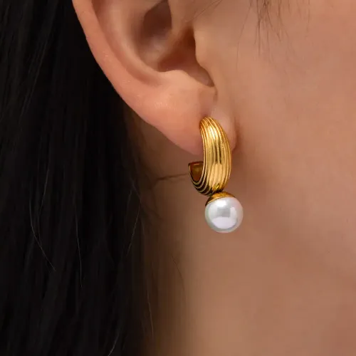 JDET658 18K Gold Plated C Shape Thread Inlaid Pearl Stainless Steel Earrings