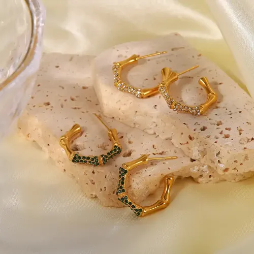 JDET244 18K Gold C-shaped Bamboo Earrings with Diamonds
