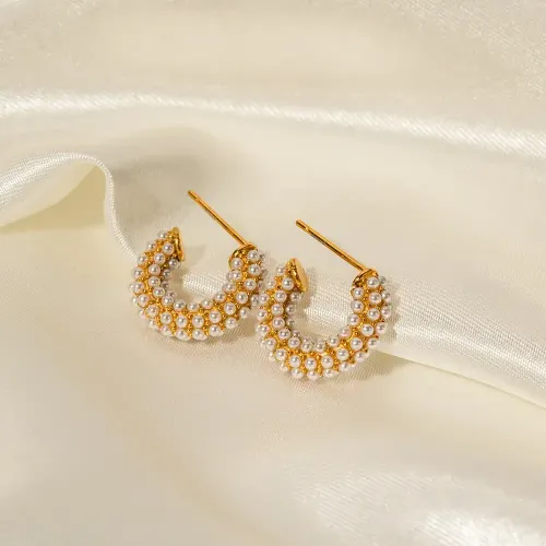 JDET532 18k Gold Plated Stainless Steel Studded Pearl Mini C Shape Earrings Women Jewelry