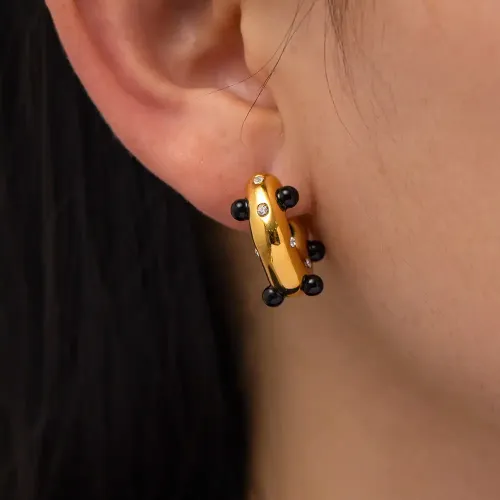 JDET406 18k Gold Shaped Hammer Pattern Inlaid Natural Agate Stone Inlaid Zirconium Earrings Jewelry