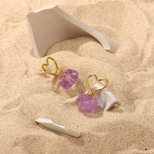 JDET281 Stainless Steel Hollow Heart Shape Irregular Purple Stone Stud Earrings