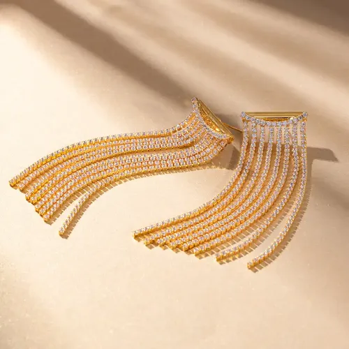 JDET460 Diamond Geometric Long Chain Tassel Earrings 18k Gold Plated Stud Earrings