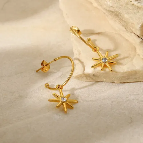 JDET270 18K Gold C-shaped Hexagram Set White Zircon Drop Earrings