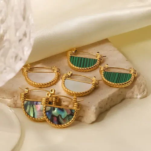 JDET408 Natural Abalone Shell/White Mother-of-pearl/Green Malachite Scallop Dangle Earrings