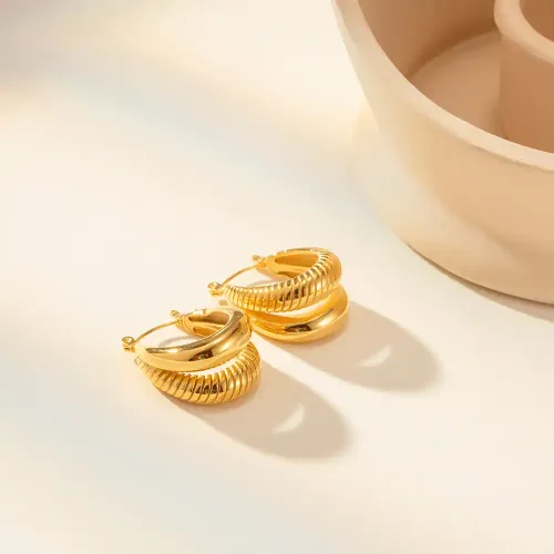 JDET962 18K Gold Plated Double Layer Ribbed Oval Pot Earrings