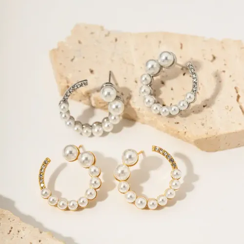 JDET490 18K gold stainless steel full diamond C-shaped horn ring stud earrings jewelry