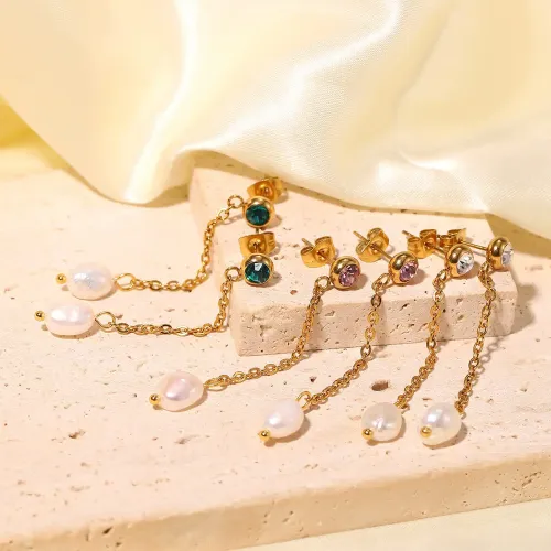 JDET463 Earrings 18K Gold Stainless Steel White/Pink/Green Zircon Long Chain Pearl Pendant Earrings Women