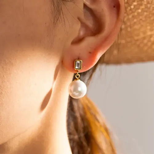 JDET725 Stainless Steel Pearl Inlaid Zircon Women's Big Pearl Pendant 16k Gold Earrings Jewelry Fashion
