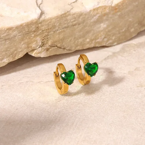 JDET487 Stainless Steel C Shape Pink/Green Zirconia Heart Hoop Earrings in 18K Gold