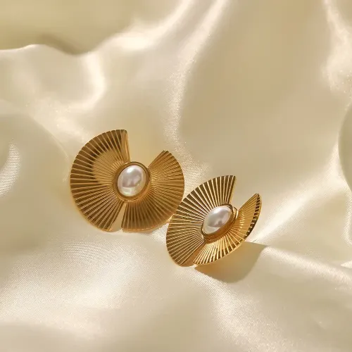 JDET212 Stainless Steel Scalloped Irregular Oval Pearl Geometric Earrings